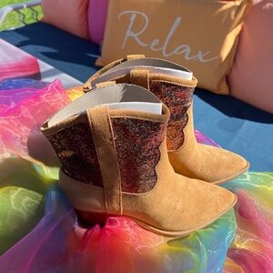 Dolce Vita Suede Cowboy Calf Boots with copper, brown and black sequins. Size 7